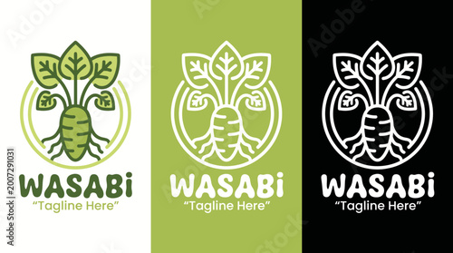 Bild auf Leinwand A vibrant wasabi logo featuring green leaf motifs and root illustrations, representing freshness, flavor, and the uniqueness of this traditional seasoning in culinary experiences