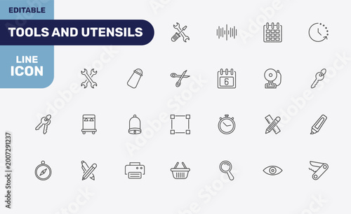 Fotografie tools and utensils icon set with reparation, sound wave bars, calendar page, pen