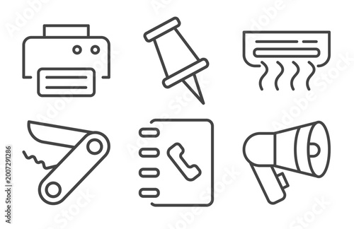 Foto tools and utensils icon set with print button, school push pin, penknife, megaph