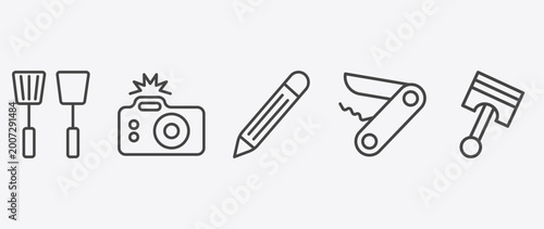 Fotografia tools and utensils icon set with camera with flash, pencil tool, penknife, pisto