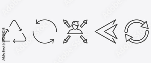 user interface icon set with refresh button, multitasking worker, arrowheads, rotating arrows signs in flat outline style
