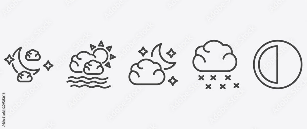 Fototapeta premium weather icon set with calm, cloudy night, snowing, last quarter signs in flat outline style