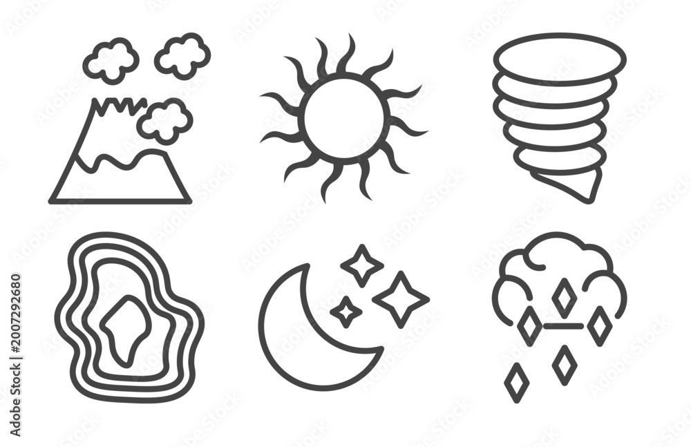 Fototapeta premium weather icon set with eruption, sunshine, isobars, ice pellets signs in flat outline style