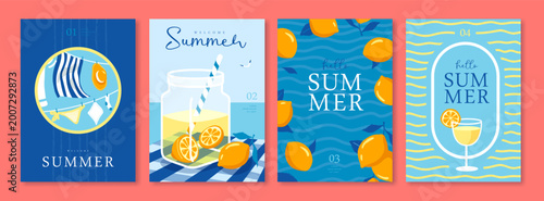 Slika na platnu Set of summer Italian posters or covers with lemonade, drying clothes, lemons, cocktail and beach landscape