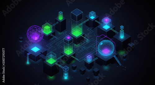 Neon lit 3d geometric shapes and cubes in purple green and blue hues on a dark background futuristic technology concept
