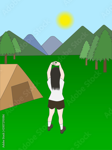 テントの前で背伸びをする女の子