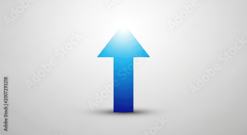 Bright blue upward arrow symbol signifying growth progress success and positive direction isolated on a clean subtly lit grey background with a soft shadow