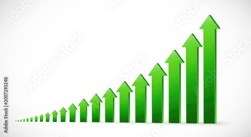 Green upward trending arrows forming a dynamic bar graph symbolizing financial growth economic progress and positive business development against a clean white background