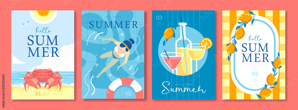 Naklejka premium Set of summer Italian posters or covers with lemonade, lemons, cocktails, crab, swimming woman and striped tablecloth. Vector illustration