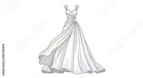 Elegant flowing wedding gown sketch with delicate ruching and a full skirt showcasing a timeless bridal silhouette and sophisticated fashion design perfect for a romantic ceremony