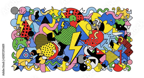 Vibrant abstract illustration with colorful shapes patterns and textures on white background