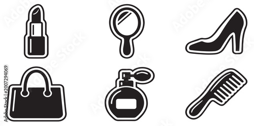 Fashion icon set with beauty and style elements including lipstick, handbag, perfume, high heel shoe, comb, and makeup mirror