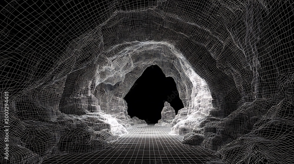 Naklejka premium Abstract wireframe 3d rendering of a mysterious dark cave tunnel entrance.