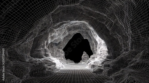 Abstract wireframe 3d rendering of a mysterious dark cave tunnel entrance.