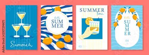 Set of summer Italian posters or covers with lemonade, lemons, hand with cocktail and striped tablecloth. Vector illustration