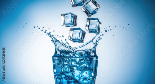 Dynamic splash of ice cubes falling into a clear glass filled with cold water creating a refreshing cascade and energetic droplets against a soft blue gradient background