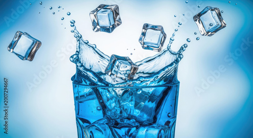 Refreshing blue drink with ice cubes splashing in a glass on a gradient background