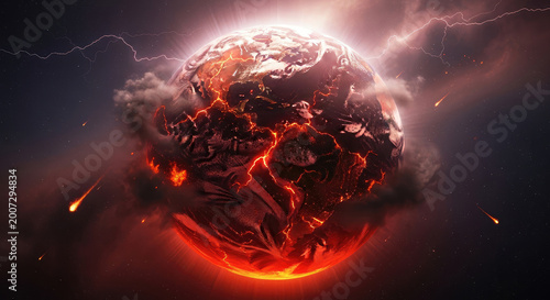 Glowing red planet earth overheating with fiery lava and smoke surrounded by dark clouds and lightning