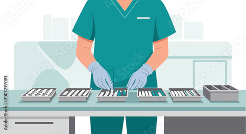Healthcare professional sorting medications in sterile trays for patient discharge and health counseling.