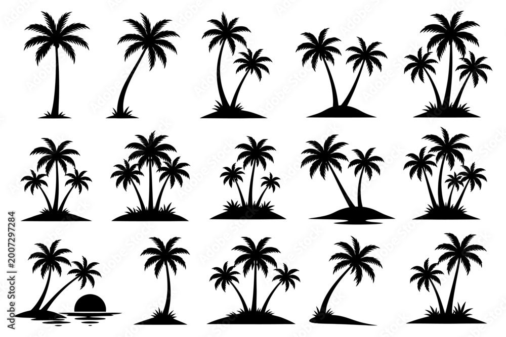 Naklejka premium Set of silhouetted palm tree illustrations against white background.