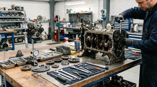Medium shot of a light industrial engine overhaul bench with scattered gears and precision tools highlighting detailed repair work in a clean workshop environment.