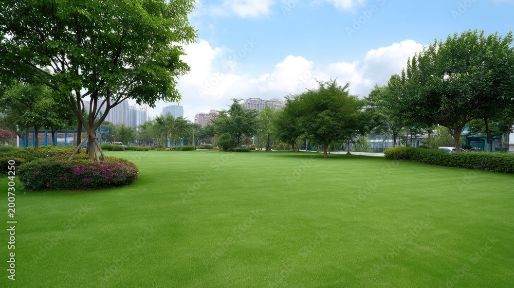 Obraz premium Serene Green Park Landscape with Lush Lawn Under Bright Blue Sky and Fluffy White Clouds
