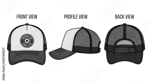 Vector illustration of a two-tone trucker hat with a vintage logo, presented in front, profile and back views, illustrating potential for brand identity development or apparel fashion templates