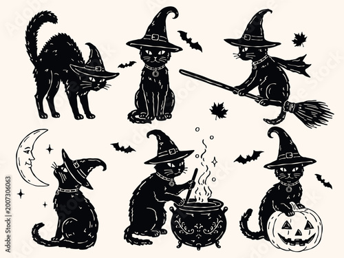 Foto Vintage Halloween vector set with witch cats in hats, including cat with pumpkin, moon, broom, cauldron and sitting cat