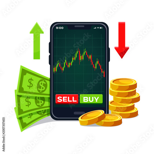 Ilustration of smartphone with stock chart, buy and sell buttons, green upward and red downward arrows, cash and gold coins. Concept of trading decisions, financial markets, profit and risk.