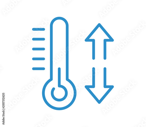 Bild auf Leinwand Temperature increase and decrease icon with thermometer and arrows, climate control, heating and cooling adjustment symbol isolated on white background