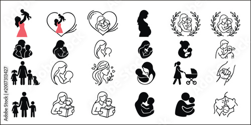 Large collection of mother and child line art and silhouette vector icons.