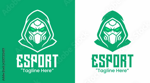 Photos A striking esports logo characterized by a mysterious masked character, representing the competitive gaming environment and the thrill of virtual battle arenas