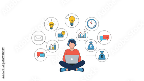 Skilled professional multitasking while working on a laptop surrounded by various icons representing ideas and business tasks.