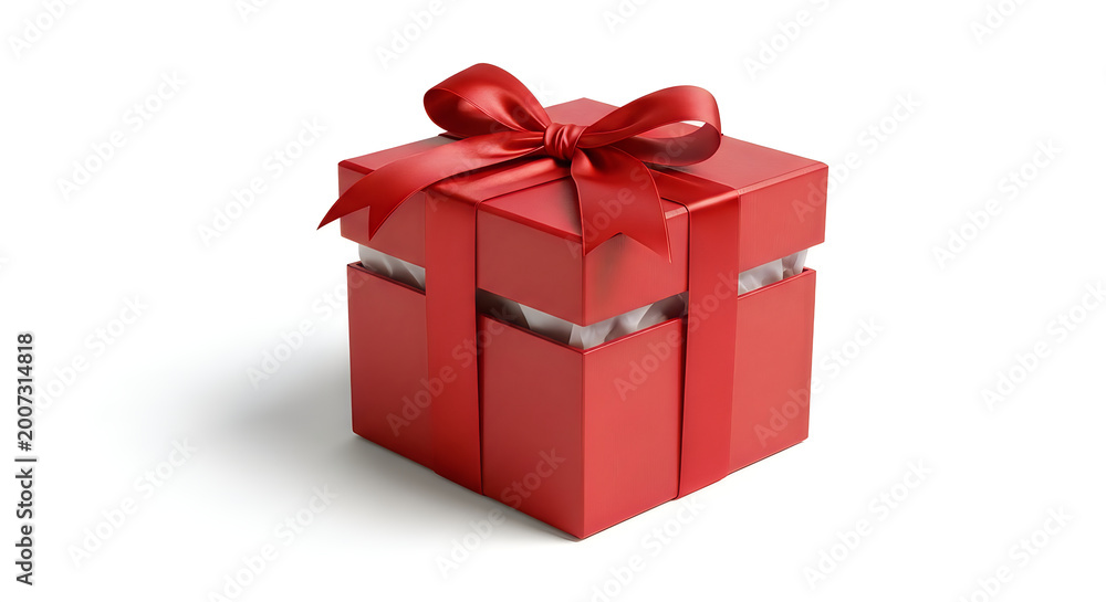Fototapeta premium Red gift box with shiny ribbon tied in a bow