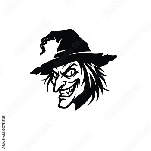 Slika na platnu Wicked old witch head with pointy hat, black and white vector illustration