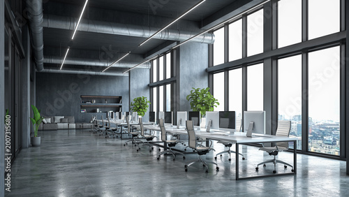 Modern open space office interior with large windows, concrete walls and minimalist design. . 3D illustration