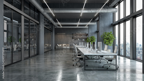 Modern open space office interior with large windows, concrete walls and minimalist design. . 3D illustration