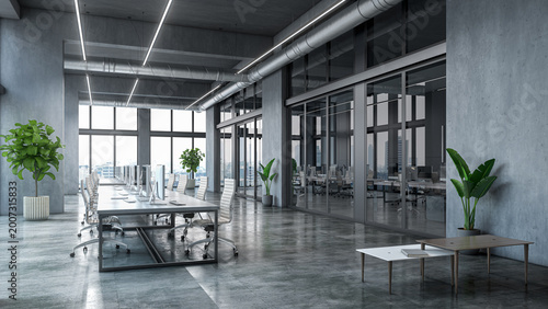 Modern open space office interior with large windows, concrete walls and minimalist design. . 3D illustration