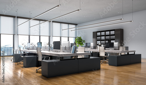 Modern open space office interior with minimalist design, workstations with computers and ergonomic chairs, wooden floor and large panoramic windows with city view. 3D illustration