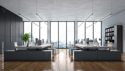 Modern open space office interior with minimalist design, workstations with computers and ergonomic chairs, wooden floor and large panoramic windows with city view. 3D illustration