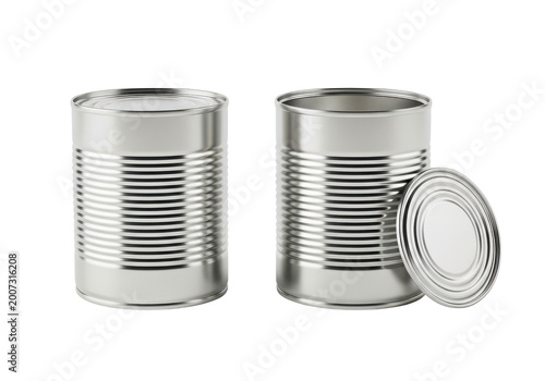 Two metal tin cans, one closed and one open with lid beside it, cylindrical food containers, industrial packaging, isolated on transparent background.