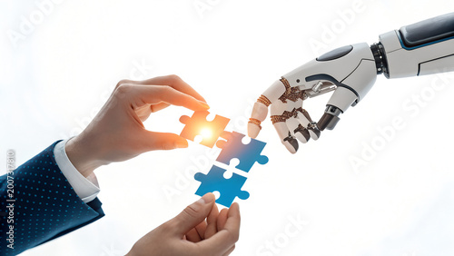 Human and Robot Hands Joining Puzzle Pieces, Artificial Intelligence and Human Collaboration Concept, Future of Technology and Innovation.