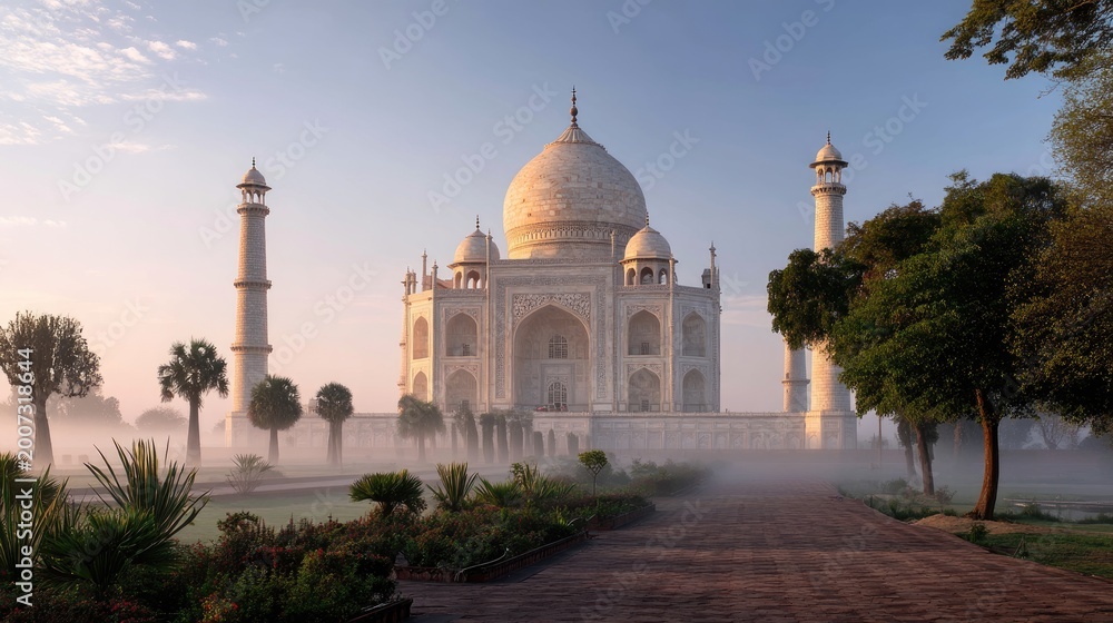 Obraz premium Majestic Taj Mahal at Sunrise Amidst Misty Landscape with Lush Gardens and Tranquil Pathway