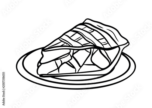Black and white outline drawing of a slice of pie with lattice crust on a plate, side view, done in simple line art style