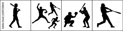 Black Silhouettes of Baseball Players in Action, Including Batting, Pitching, Catching, and Running Scenes for Sports Illustration