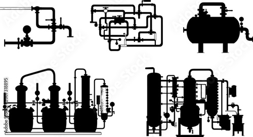 Black Silhouettes of Industrial Process Equipment, Piping Systems, Valves, Gauges, Tanks, and Chemical Engineering Assemblies for Technical Illustration