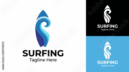 Featuring a stylized wave, this surfing logo encapsulates water sports, adventure, and freedom, ideal for surf brands or schools looking for a dynamic identity.