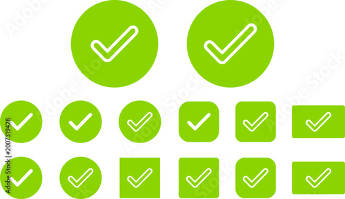 Green Check Mark Icons in Circular, Square, and Rectangular Backgrounds Representing Approval, Completion, Verification, and Task Management Illustration