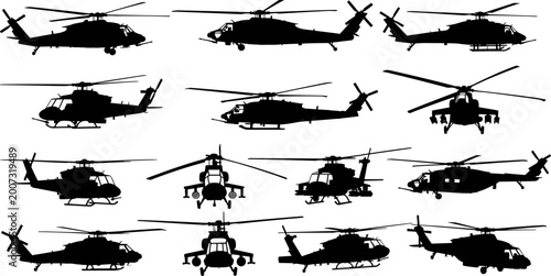 Fotografia Helicopter silhouette set featuring military and civilian rotorcraft in side and