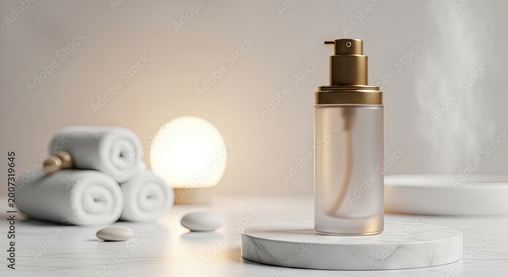 Naklejka premium Natural skincare liquid lotion dispenser container placed on a luxury marble stone platform with soft wellness spa environment featuring rolled fabric towels and glowing ambient light for health